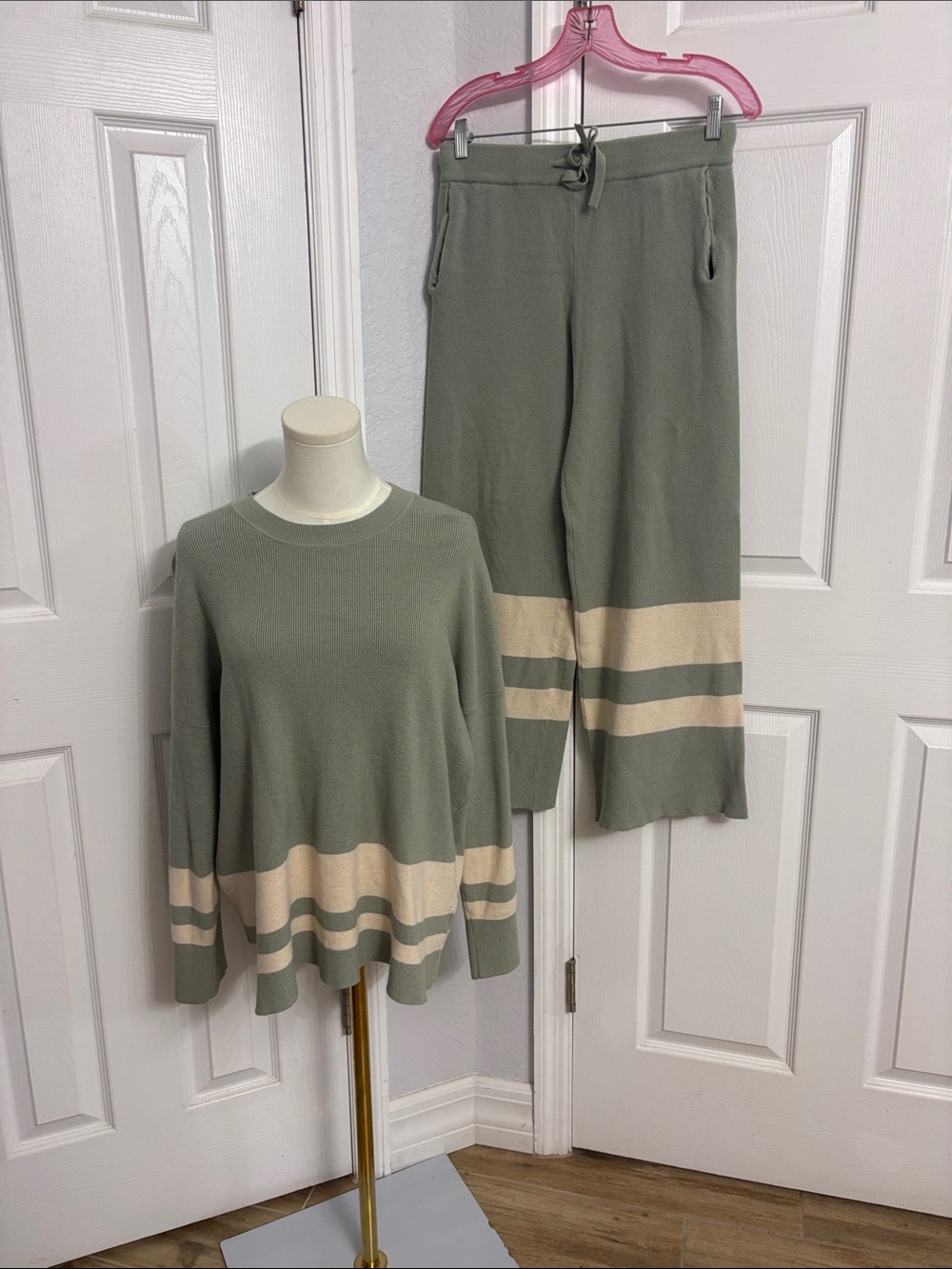 Two-Piece Sage and Cream Stripe 2 piece Set